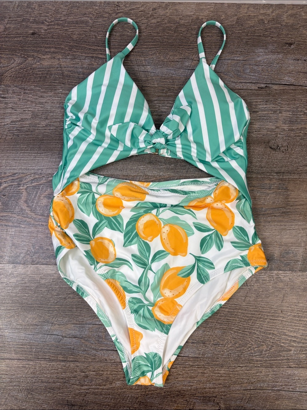 ModCloth Lemon Print Cutout One-Piece Swimsuit Size Small